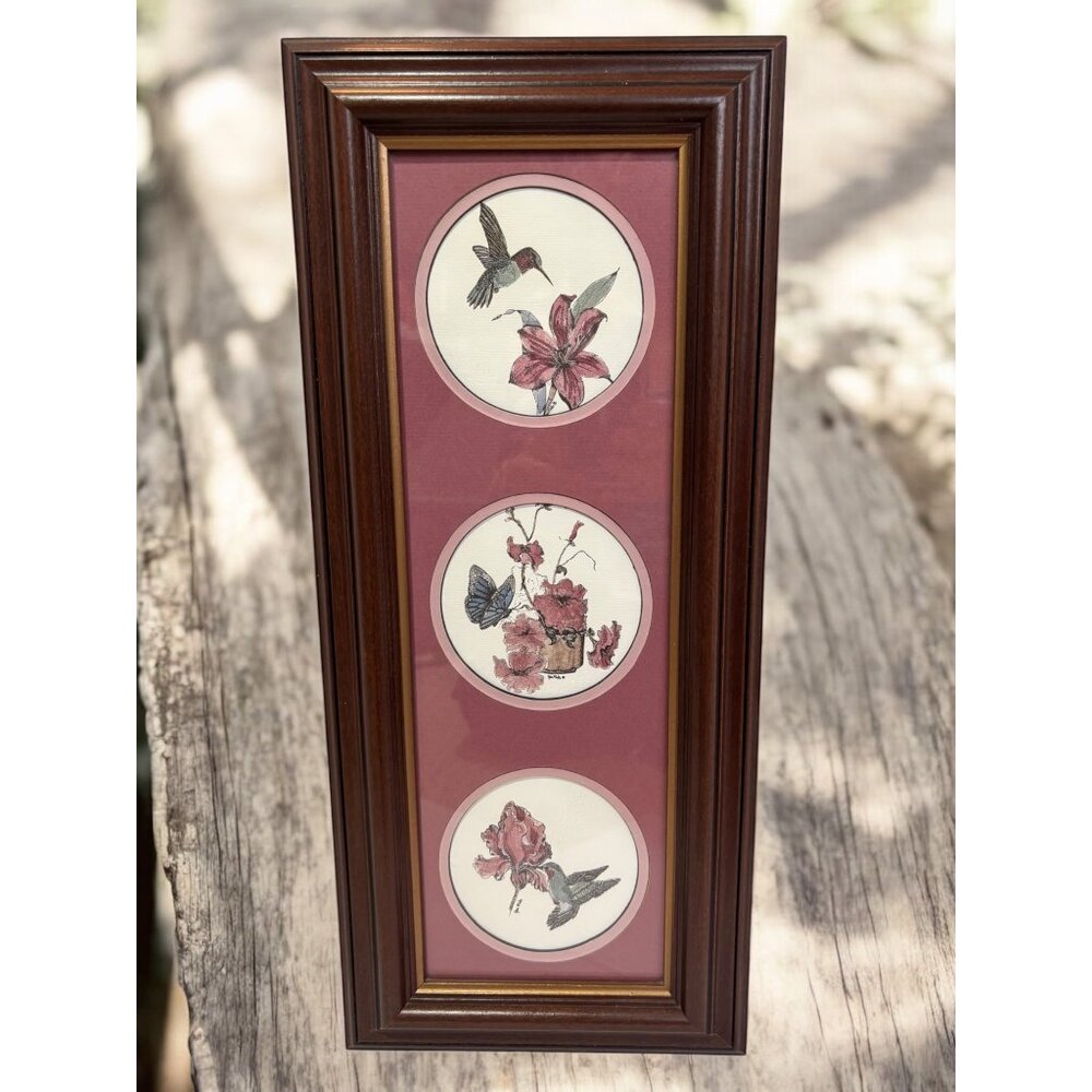 Framed Jean Miste Prints With Hummingbird & Butterfly Floral Designs In Burgundy